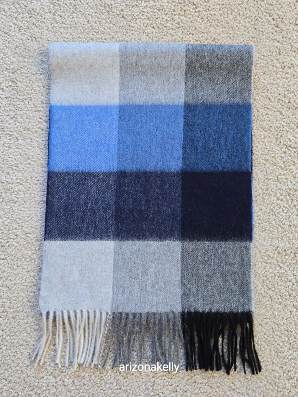 NWOT Cashmere Woven Scarf Blue, Black & Gray Plaid Checks